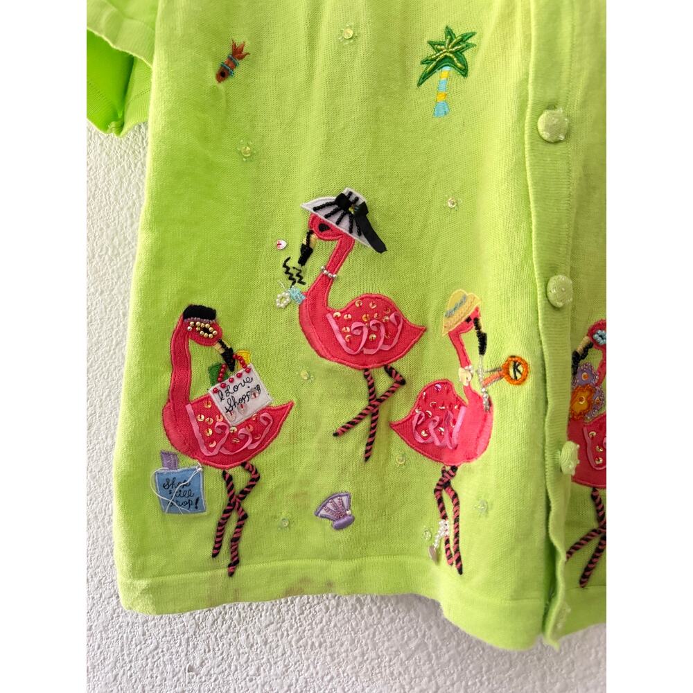 Vintage Berek Flamingo Tropical Cardigan Lime Green Novelty Sweater XL - Picture 8 of 11